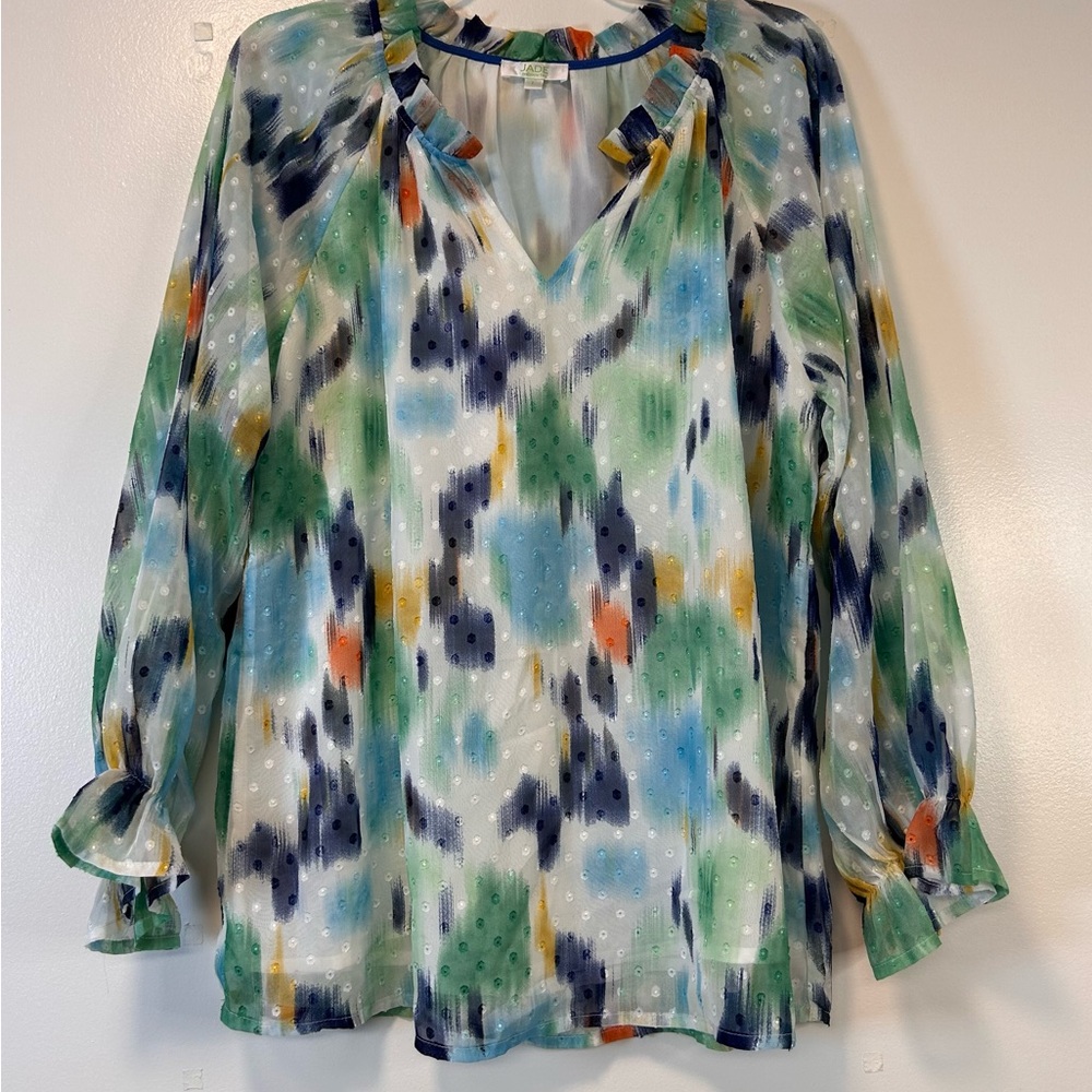 Jade Long Sleeve Blouse V-Neck with Ruffles Blue and Green Pattern Women’s Large
